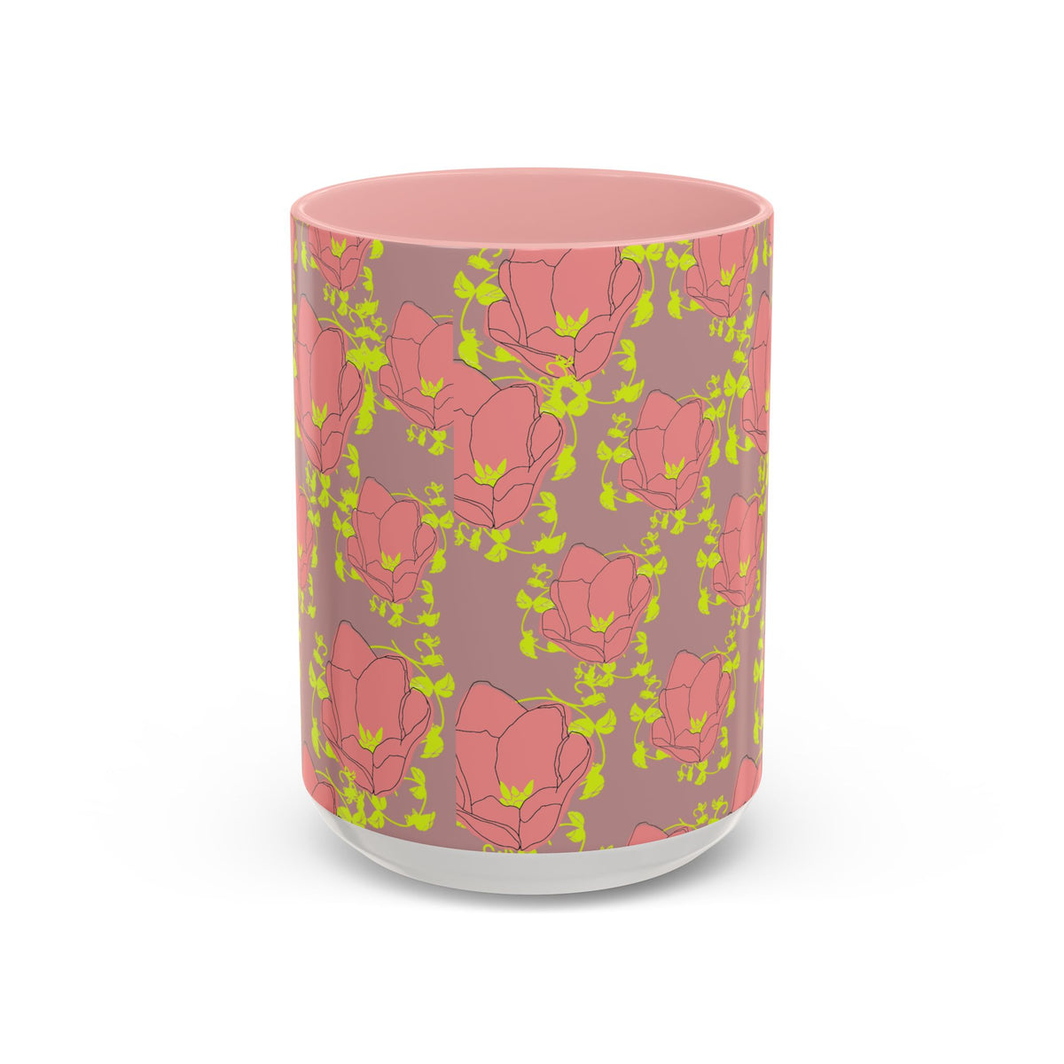 Pink Floral Accent Coffee Mug — Retro Bloom Pattern (11/15oz)