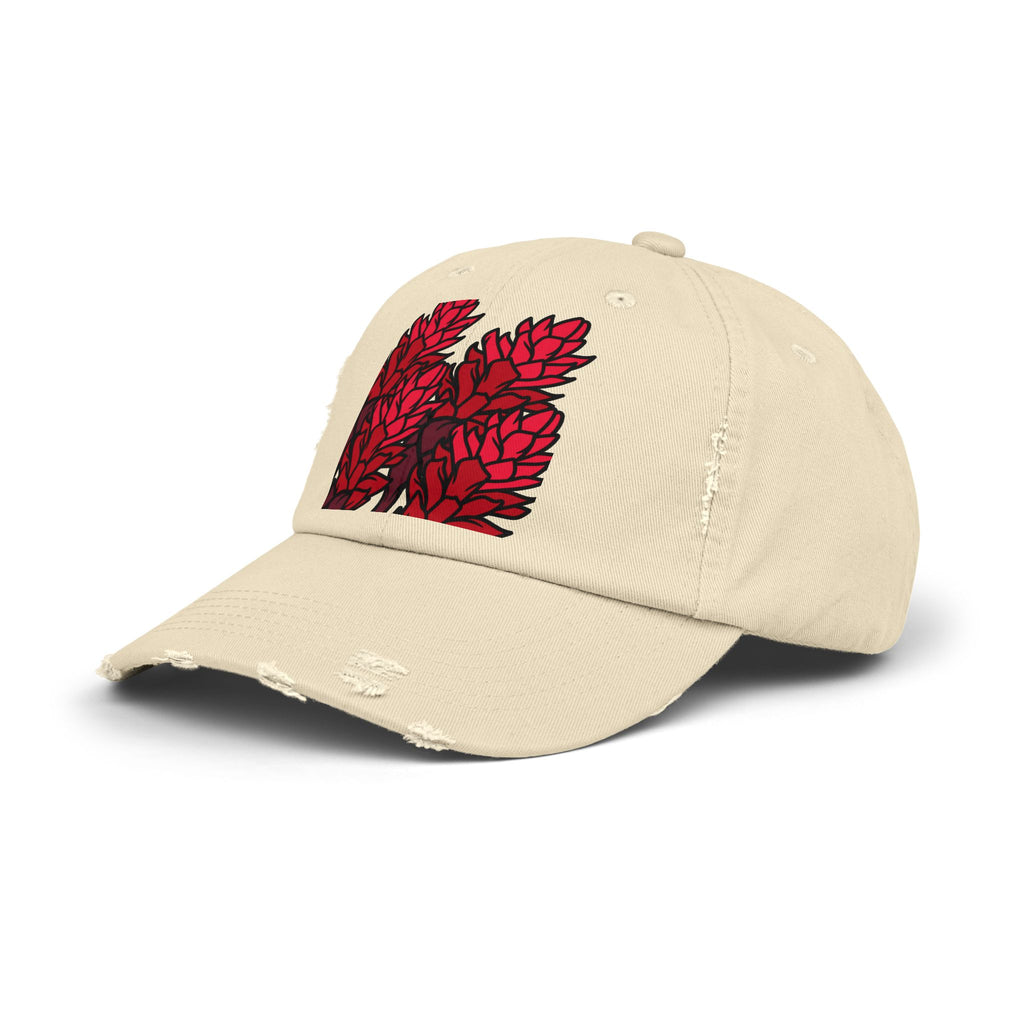 Distressed Black Cap with Red Leaf Patch — Floral Graphic Dad Hat