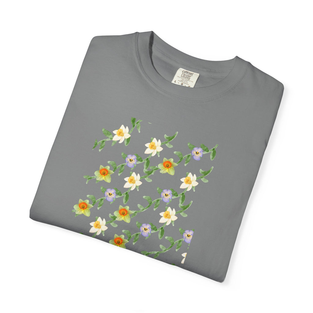 Floral Vine Pattern T-Shirt — Yellow & Purple Blossom Graphic Tee