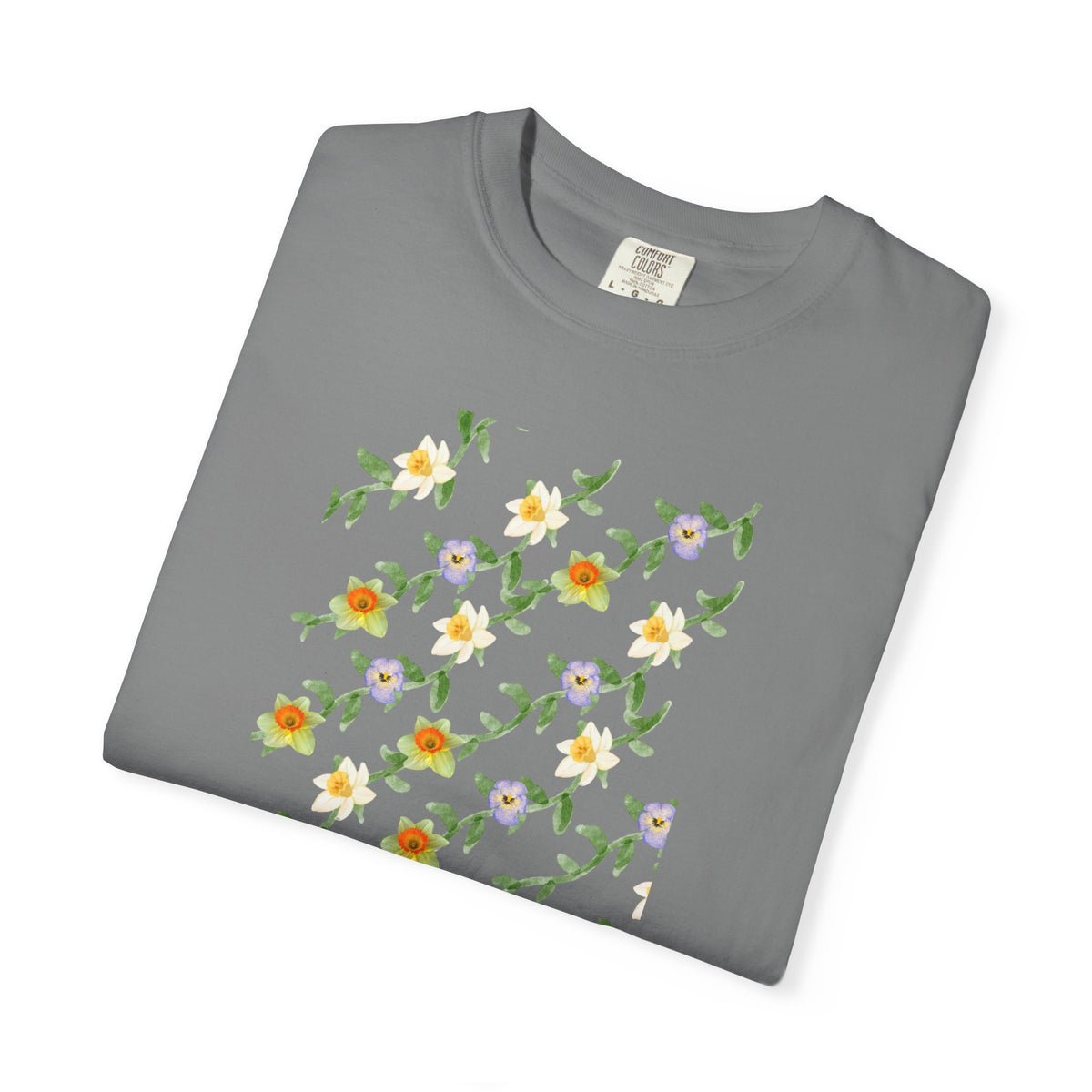 Floral Vine Pattern T-Shirt — Yellow & Purple Blossom Graphic Tee