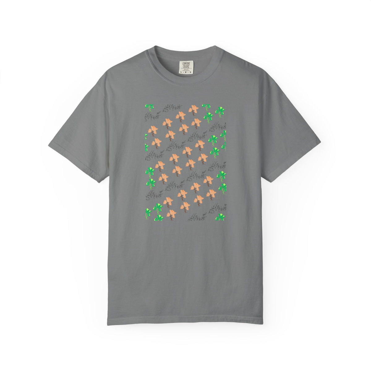 Floral Script T-Shirt — Peach Blossoms & Green Leaves Pattern