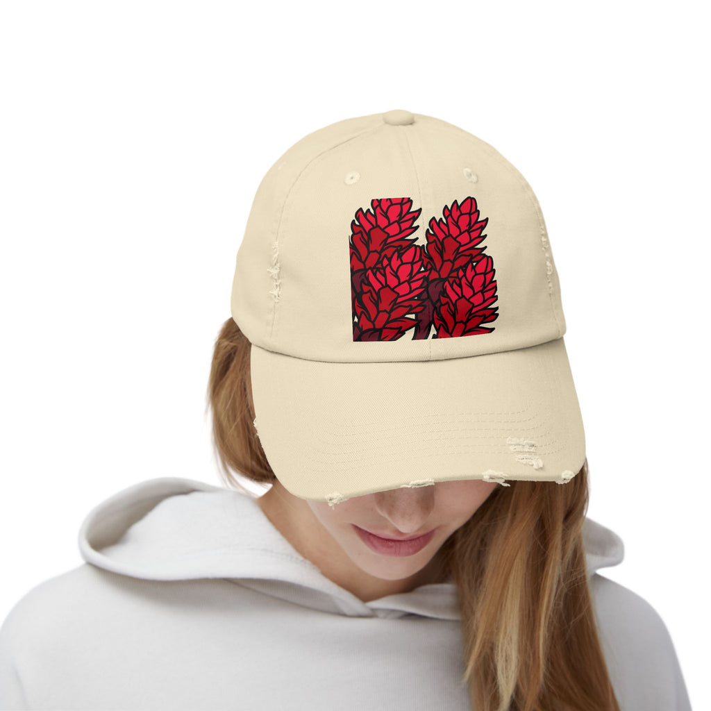 Distressed Black Cap with Red Leaf Patch — Floral Graphic Dad Hat