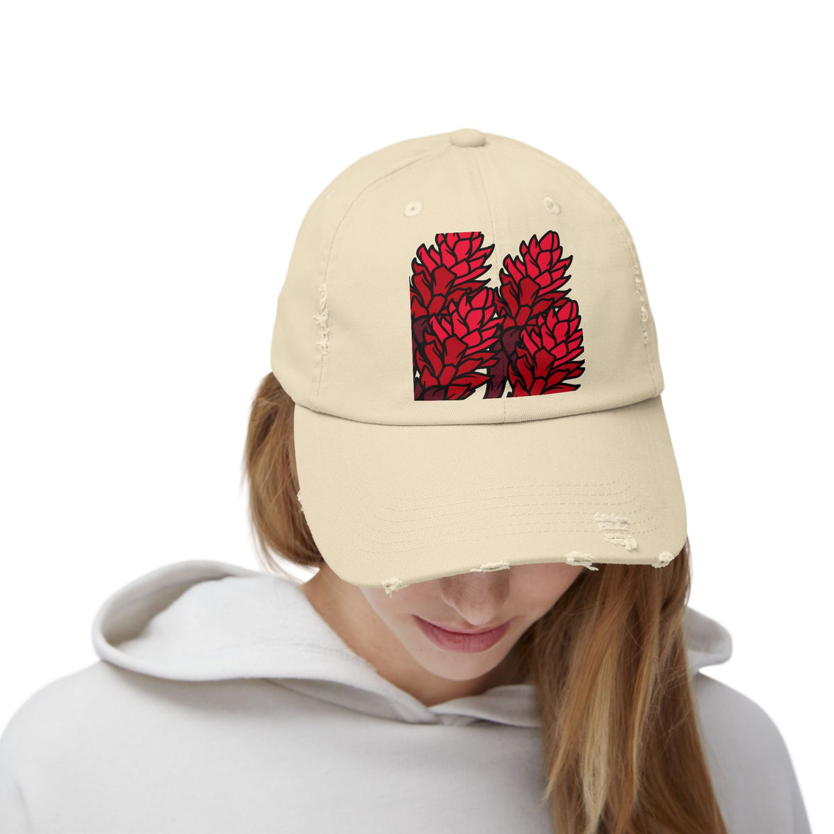 Distressed Black Cap with Red Leaf Patch — Floral Graphic Dad Hat