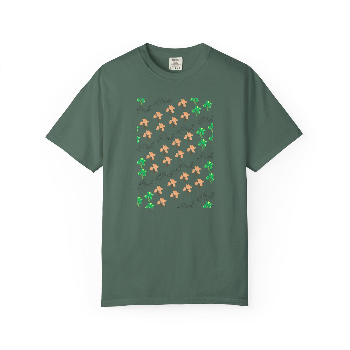 Floral Script T-Shirt — Peach Blossoms & Green Leaves Pattern