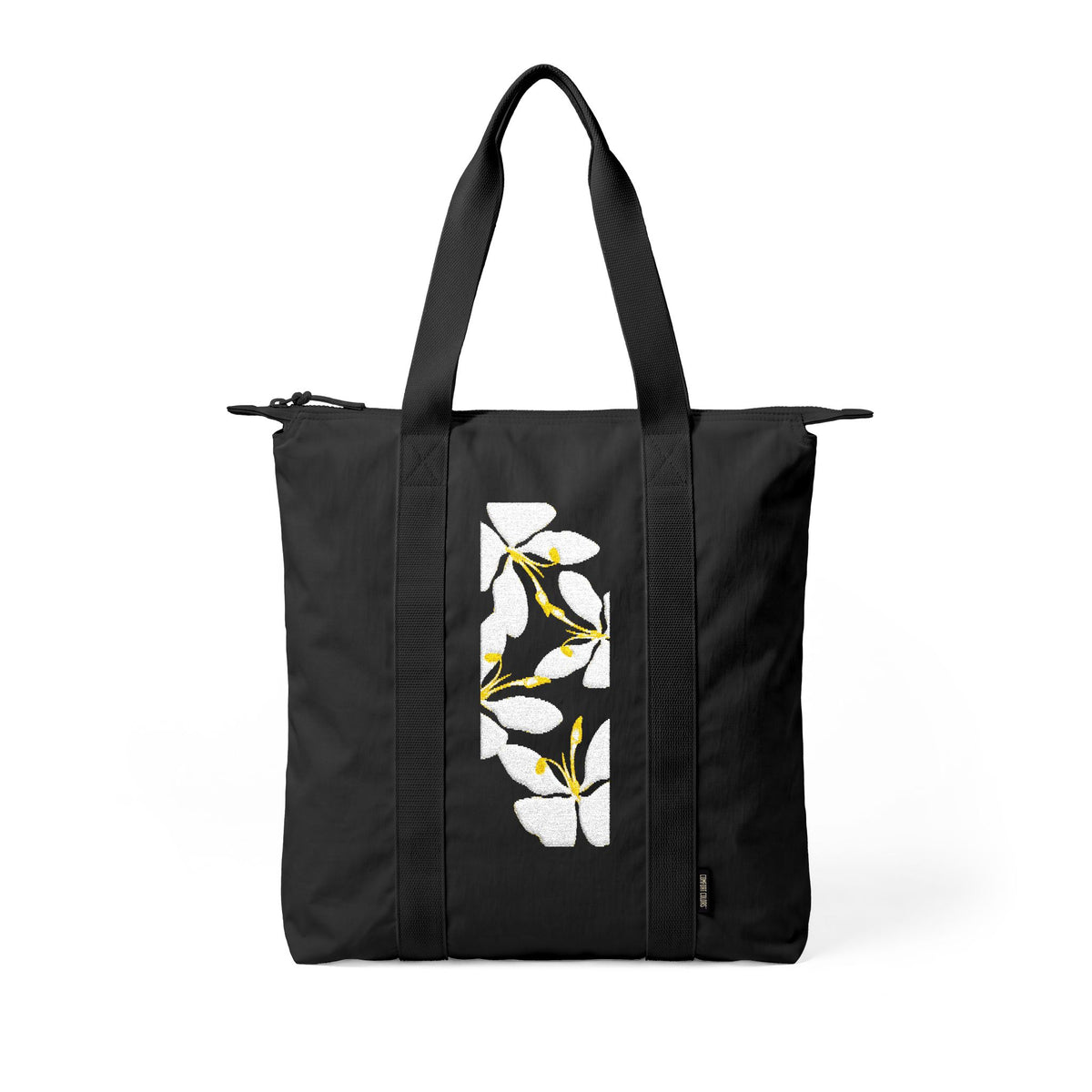 Floral Nomad Tote Bag — Black Carry-All with White & Yellow Blossom Stripe