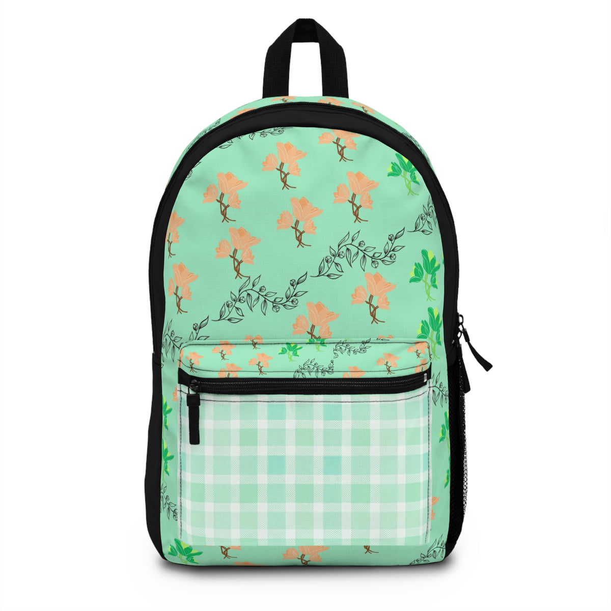Mint Floral Plaid Backpack — Pastel Green Flower Pattern School Bag