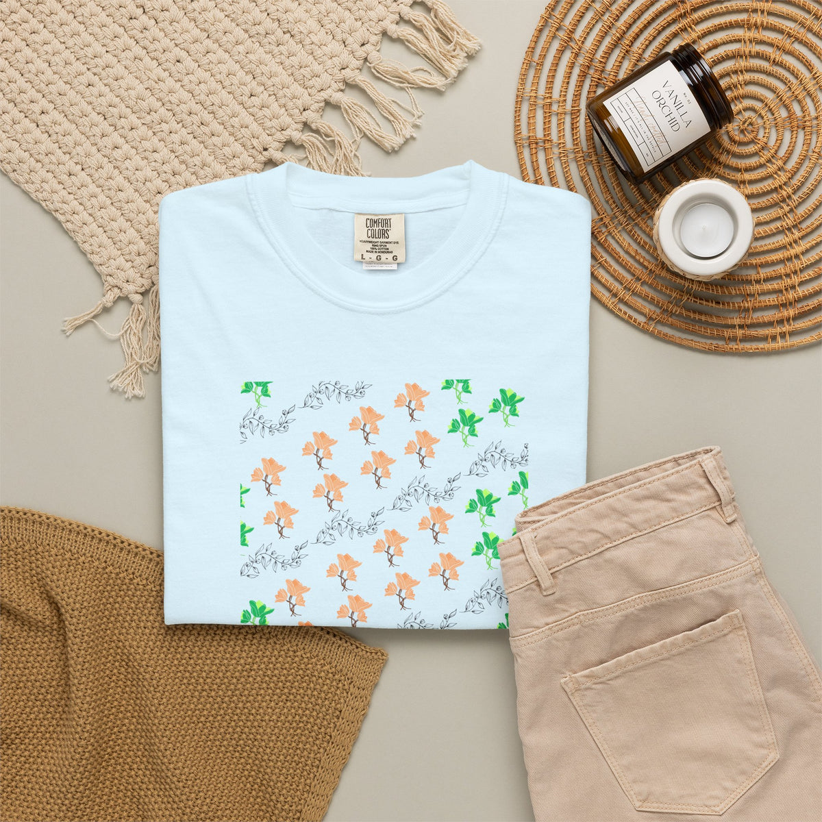 Floral Script T-Shirt — Peach Blossoms & Green Leaves Pattern