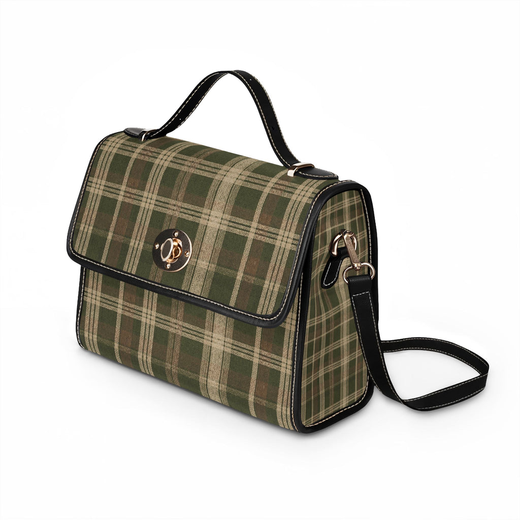 Waterproof Canvas Bag - Green Plaid Tote with Leather Trim