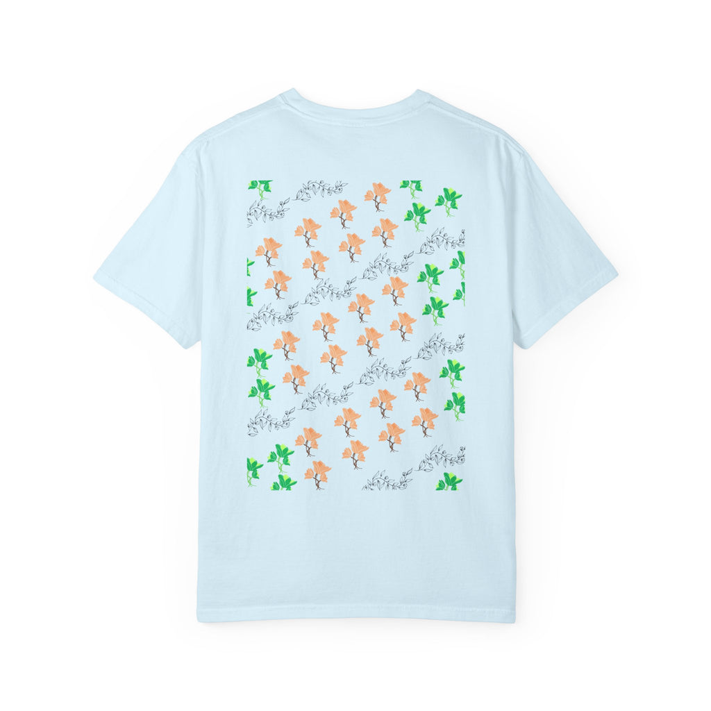 Floral Script T-Shirt — Peach Blossoms & Green Leaves Pattern