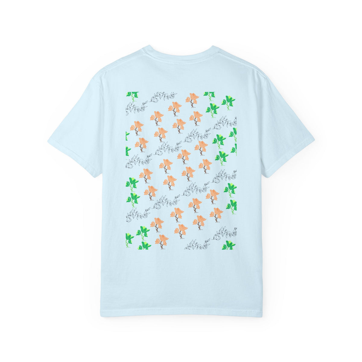 Floral Script T-Shirt — Peach Blossoms & Green Leaves Pattern