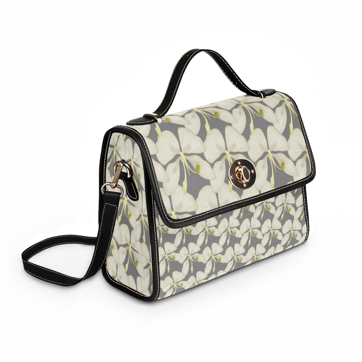 Floral Waterproof Canvas Bag – Gray White Plumeria Print Crossbody Tote