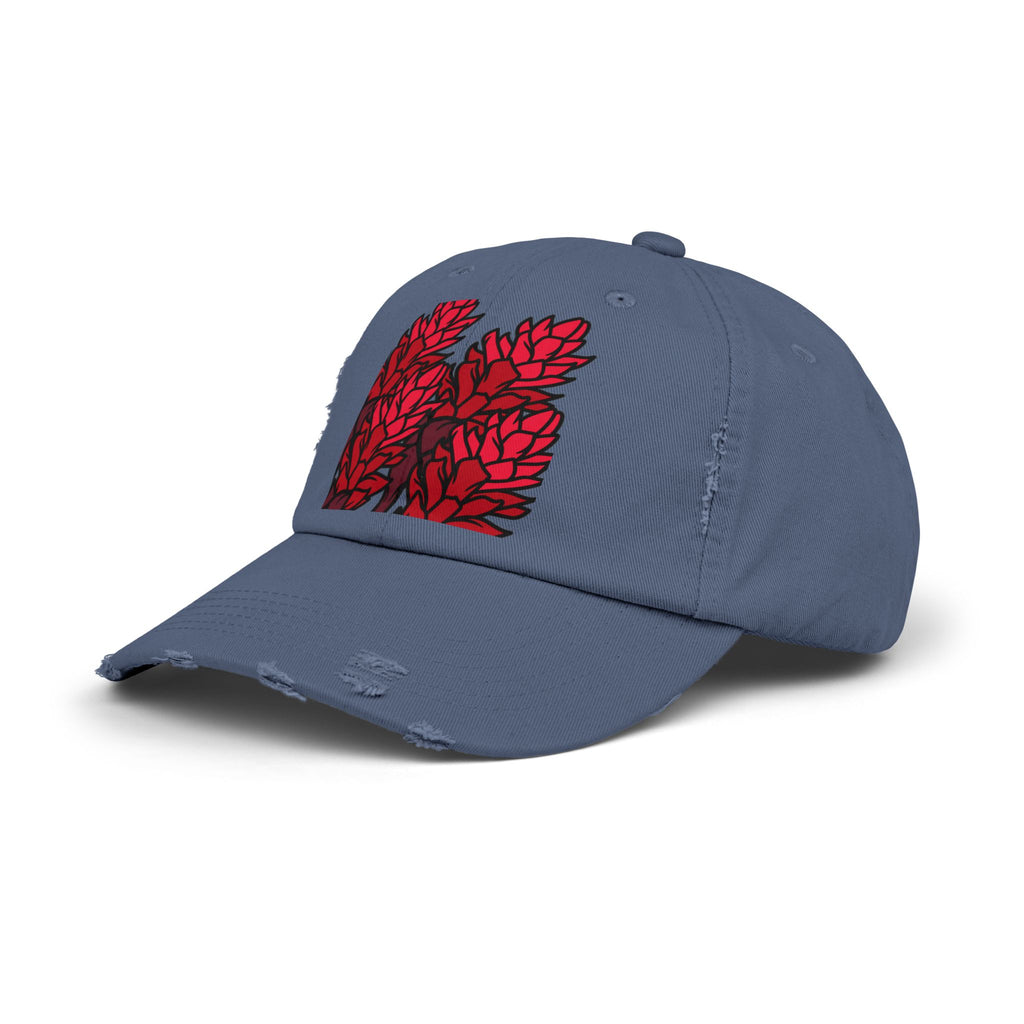Distressed Black Cap with Red Leaf Patch — Floral Graphic Dad Hat