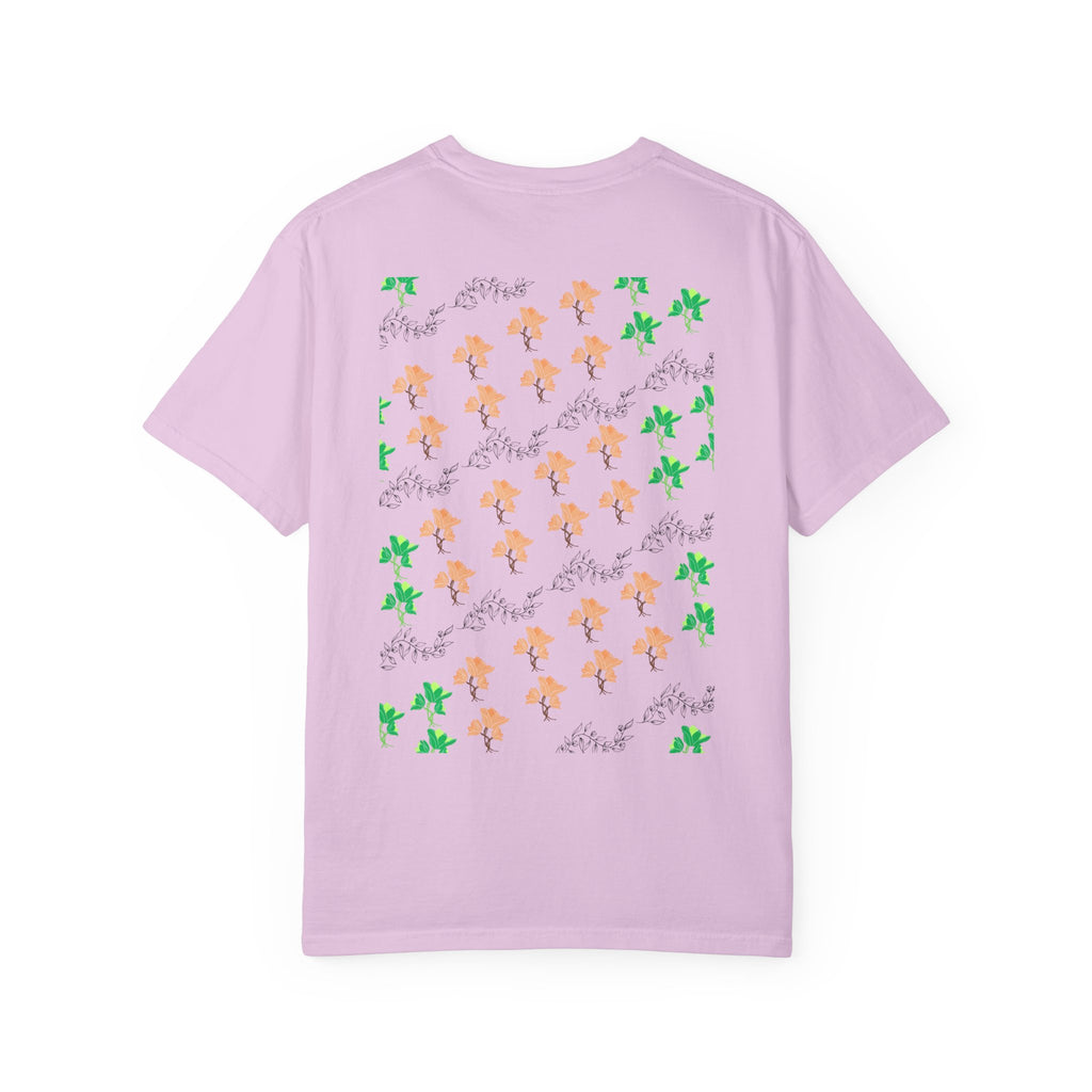 Floral Script T-Shirt — Peach Blossoms & Green Leaves Pattern