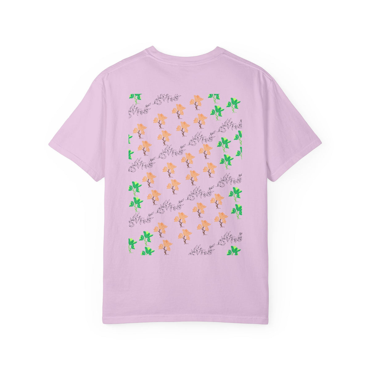 Floral Script T-Shirt — Peach Blossoms & Green Leaves Pattern