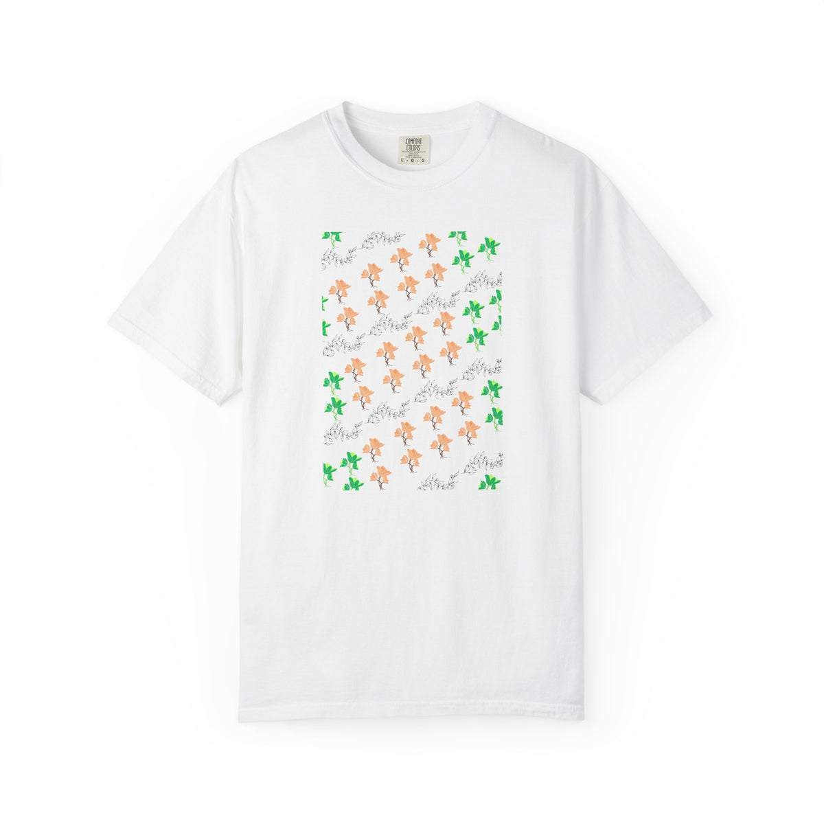 Floral Script T-Shirt — Peach Blossoms & Green Leaves Pattern