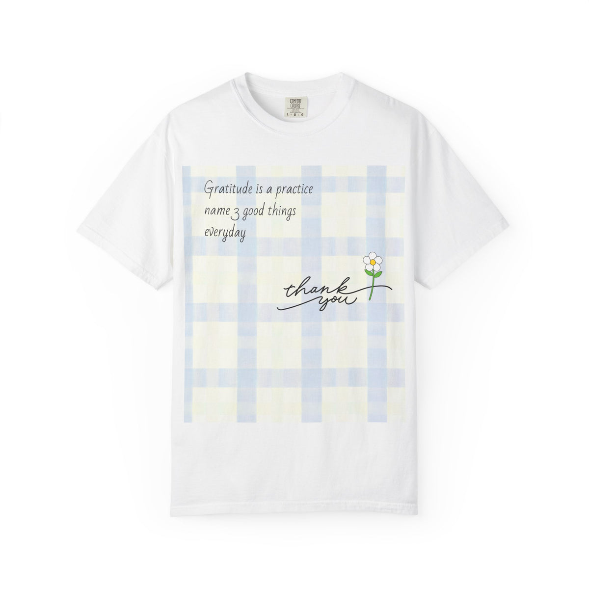 Gratitude Practice Tee — "thank you" Floral Plaid T-Shirt