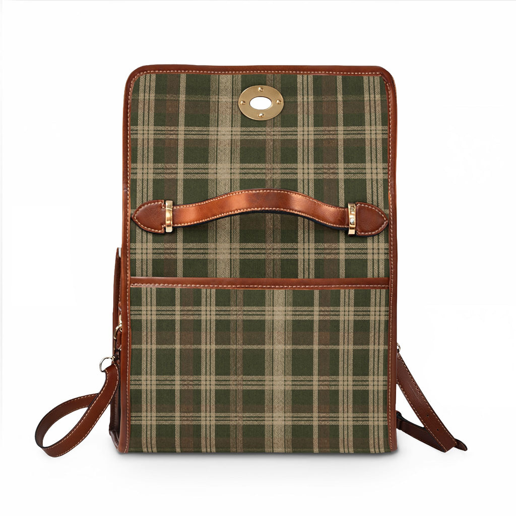 Waterproof Canvas Bag - Green Plaid Tote with Leather Trim