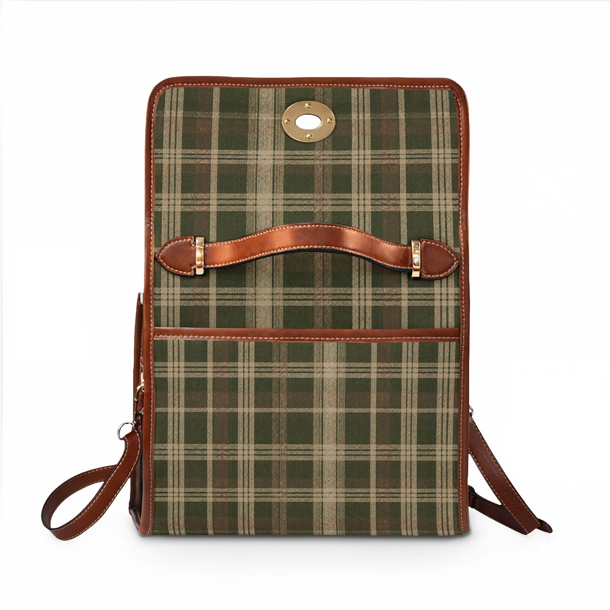Waterproof Canvas Bag - Green Plaid Tote with Leather Trim