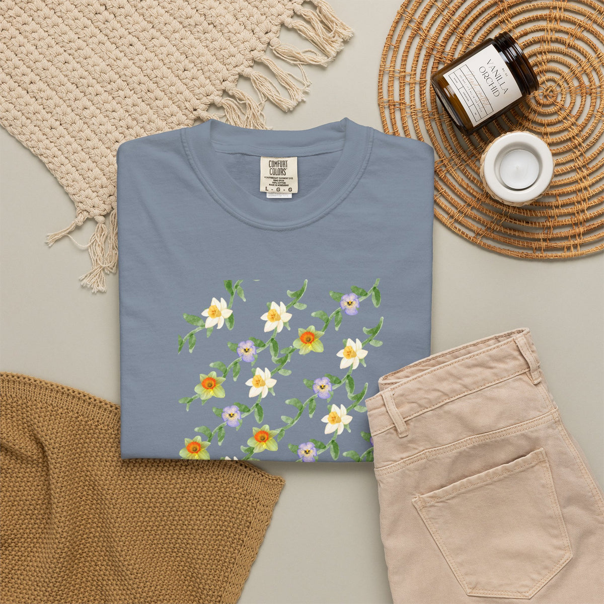 Floral Vine Pattern T-Shirt — Yellow & Purple Blossom Graphic Tee