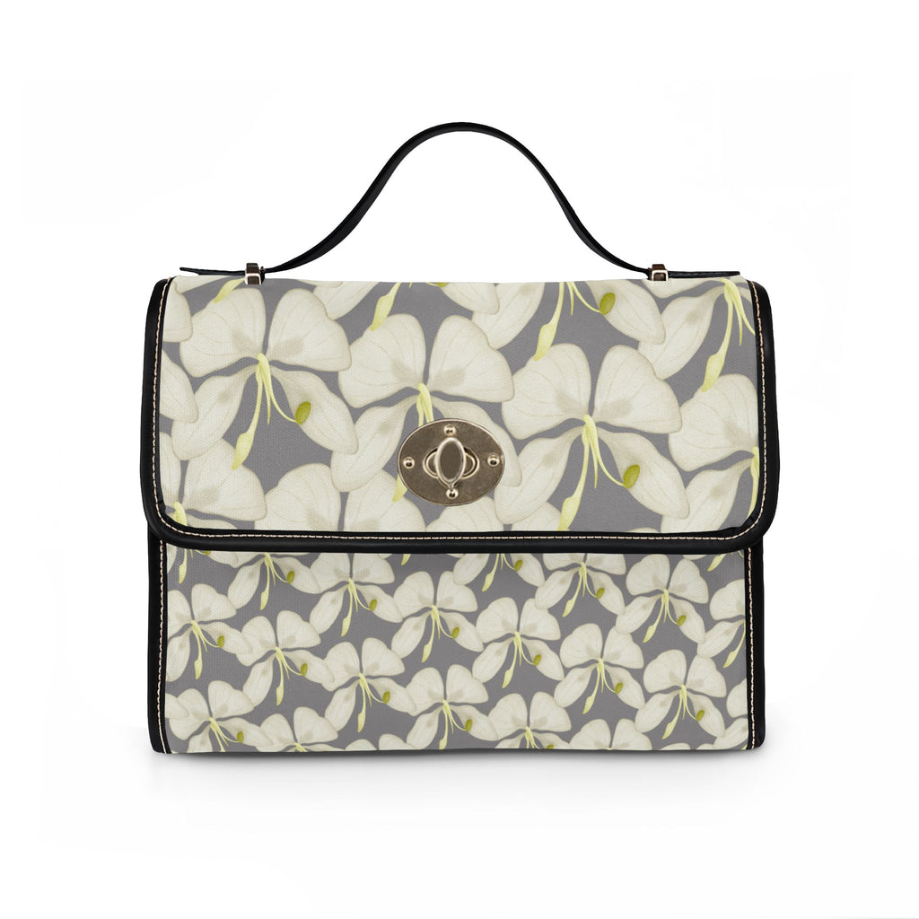 Floral Waterproof Canvas Bag – Gray White Plumeria Print Crossbody Tote