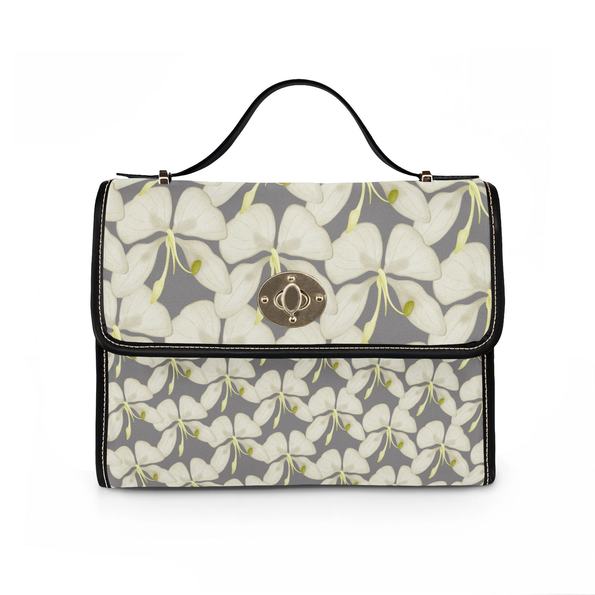 Floral Waterproof Canvas Bag – Gray White Plumeria Print Crossbody Tote