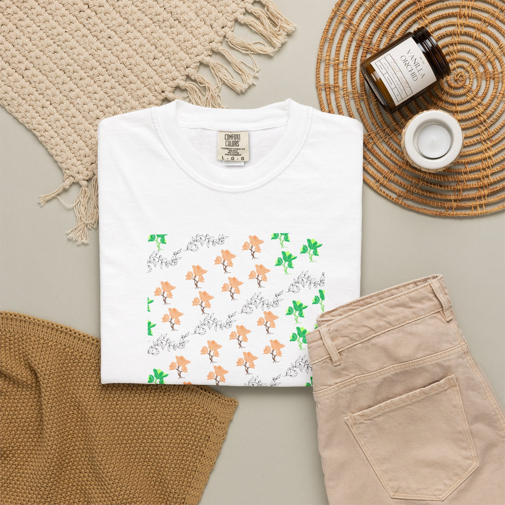 Floral Script T-Shirt — Peach Blossoms & Green Leaves Pattern
