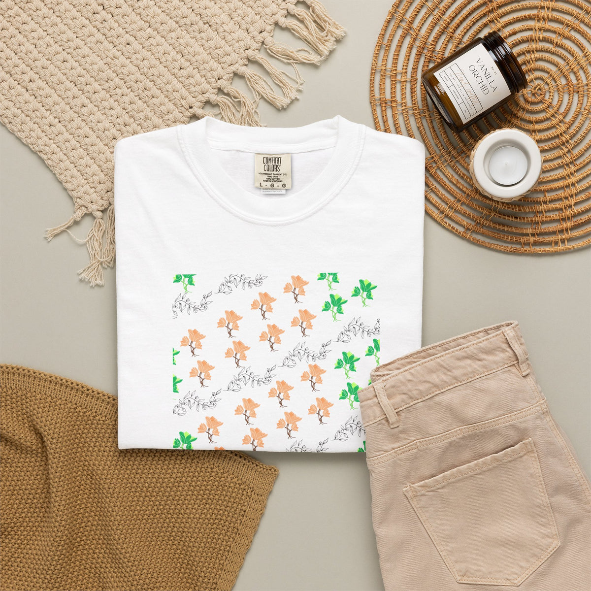 Floral Script T-Shirt — Peach Blossoms & Green Leaves Pattern