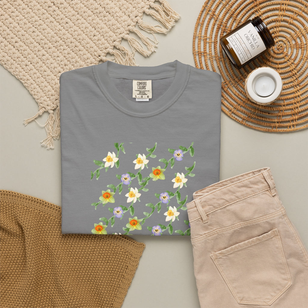 Floral Vine Pattern T-Shirt — Yellow & Purple Blossom Graphic Tee