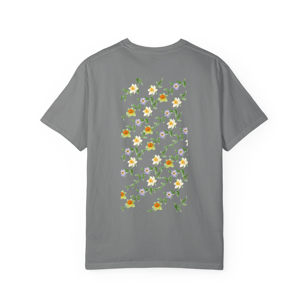 Floral Vine Pattern T-Shirt — Yellow & Purple Blossom Graphic Tee