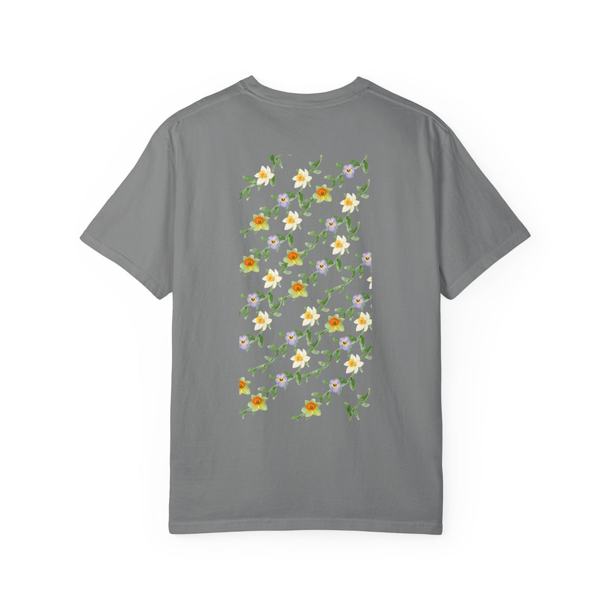 Floral Vine Pattern T-Shirt — Yellow & Purple Blossom Graphic Tee