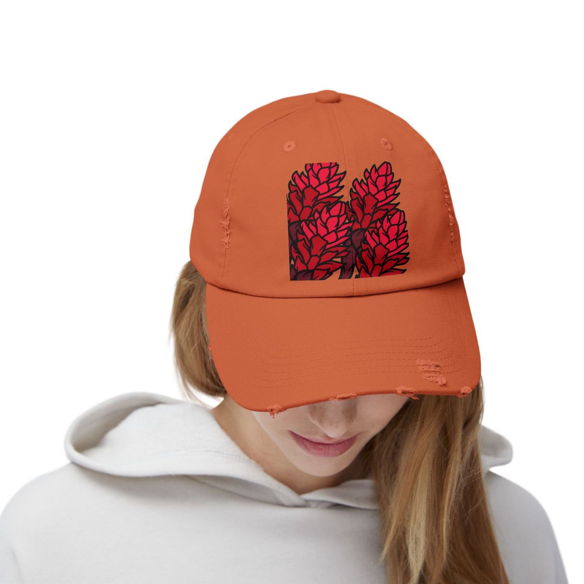Distressed Black Cap with Red Leaf Patch — Floral Graphic Dad Hat